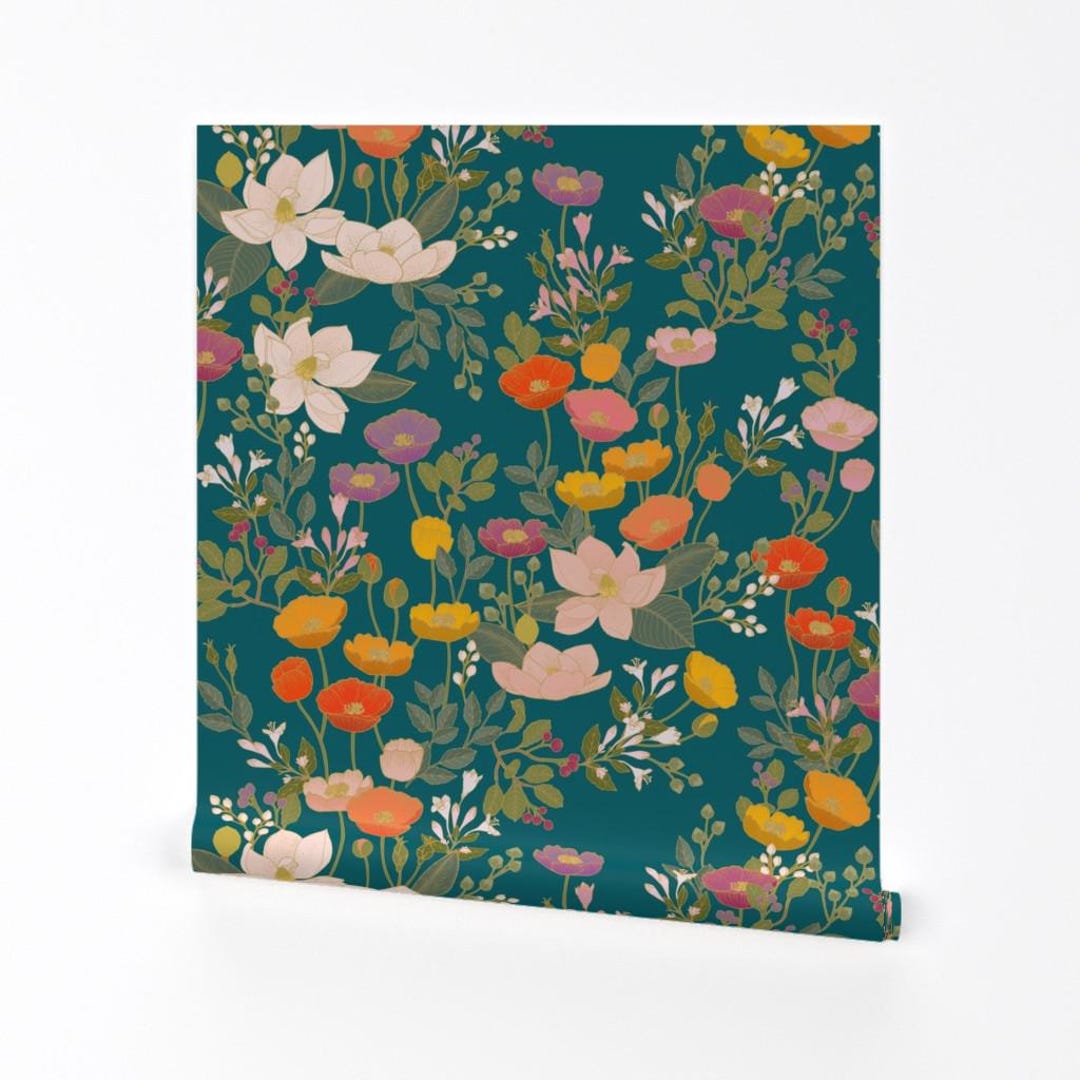 Teal Floral Removable Peel and Stick Wallpaper - Colorful Poppy Flowers ...