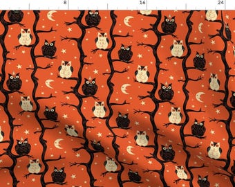 Owls Fabric - Halloween Owl Tree By Johannaparkerdesign - Orange Black Vintage Retro Halloween Cotton Fabric By The Yard With Spoonflower