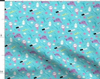 Hairdresser Fabric - Happy Hair Stylist Friends - Blue By Clayvision - Hairdresser Kawaii Blue Cotton Fabric By The Yard With Spoonflower