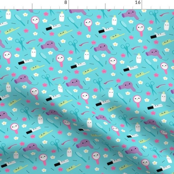 Hairdresser Fabric - Happy Hair Stylist Friends - Blue By Clayvision - Hairdresser Kawaii Blue Cotton Fabric By The Yard With Spoonflower
