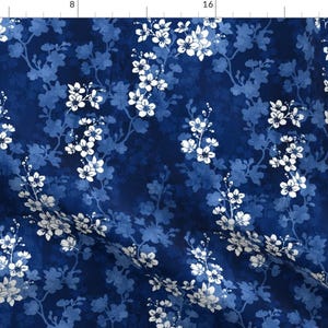 Sakura Blue Floral Fabric - Cherry Blossom In Deep Blue Spring Blossoms By Adenaj - Sakura Cotton Fabric By The Yard With Spoonflower