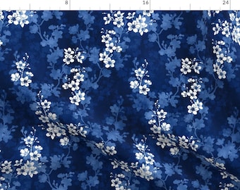 Sakura Blue Floral Fabric - Cherry Blossom In Deep Blue Spring Blossoms By Adenaj - Sakura Cotton Fabric By The Yard With Spoonflower