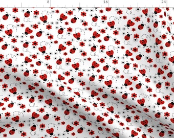 Ladybug Fabric - Red Ladybug Floral By Decamp Studios Cute Summer Bug Kids Baby Girl Toddler- Cotton Fabric By The Yard With Spoonflower