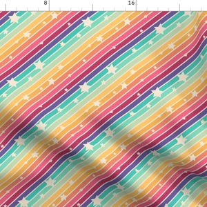 Vintage Rainbow Fabric - Rainbow Stripes With Stars By Roofdog Designs - Rainbow Kid's 1970s Cotton Fabric By The Yard With Spoonflower