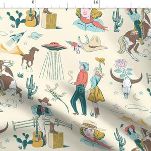 May include: A seamless pattern featuring a variety of retro-inspired illustrations, including cowboys, cowgirls, cacti, skulls, and flying saucers. The pattern is set against a light yellow background and features a variety of colors, including blue, green, red, and brown.