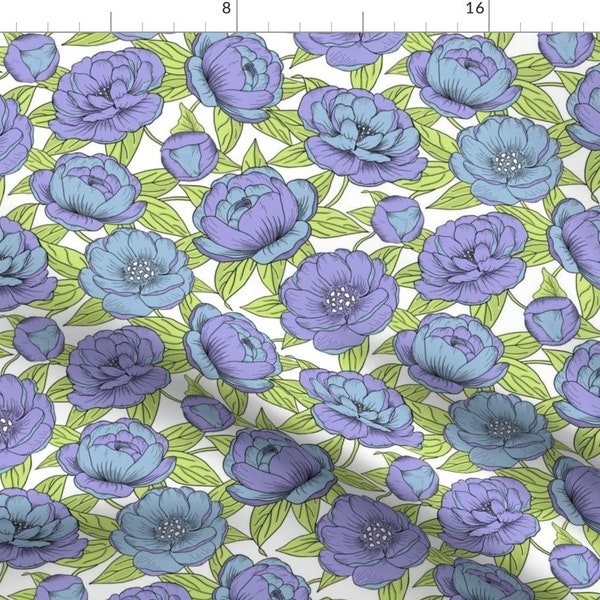 Purple Peony Fabric - Pastel Peony by martaroseart - Large Scale Floral Lilac Sky Blue Botanical Garden Fabric by the Yard by Spoonflower