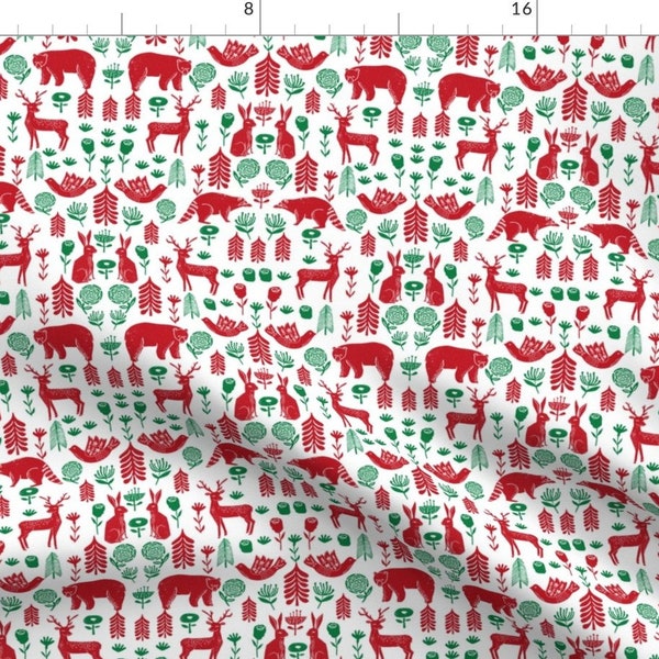 Scandinavian Fabric - Christmas Folk Woodland Winter Holiday Animals Red Green By Andrea Lauren - Cotton Fabric by the Yard with Spoonflower