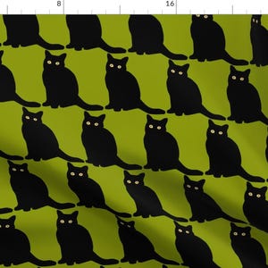 Black Cat Fabric - Back Cat On Green By Mariafaithgarcia - Black Cat Green Black Yellow Eyes Cotton Fabric By The Yard With Spoonflower