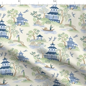 Chinoiserie Fabric - Chinoiserie by barbarapixton - Pagoda Asian Inspired Toile Landscape Traditional Fabric by the Yard by Spoonflower