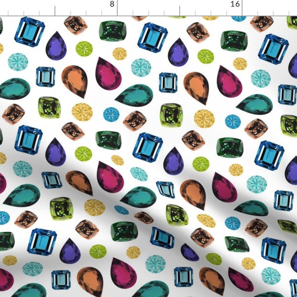 Gemstone Fabric - Gemstones (White) By Vannina - Gemstone Crystals Rocks Rainbow Colorful Cotton Fabric By The Yard With Spoonflower