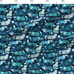 Nocturnal Animals Fabric - Wolves At Night By Analinea - Blue Moon Stars Night Forest Midnight Cotton Fabric By The Yard With Spoonflower image 2