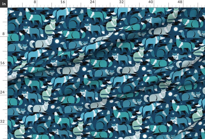 Nocturnal Animals Fabric - Wolves At Night By Analinea - Blue Moon Stars Night Forest Midnight Cotton Fabric By The Yard With Spoonflower image 2