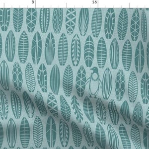 Teal Surfboards Fabric - Penguin Vacay (Medium, Surf) By Fleabat - Penguins retro Woven Look Cotton Fabric By The Yard With Spoonflower