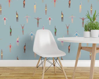 Swimming Pool Peel and Stick Wallpaper - Summer Holiday Swimmers Vacation Aquatic - Removable Wall Decor Art - Swimmers Blue by dasbrooklyn