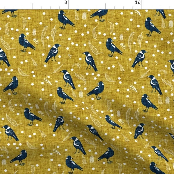 Magpie Fabric - Terra Australis Maggies (Med) By Nouveau Bohemian - Birds Feathers Mustard Yellow Cotton Fabric By The Yard With Spoonflower