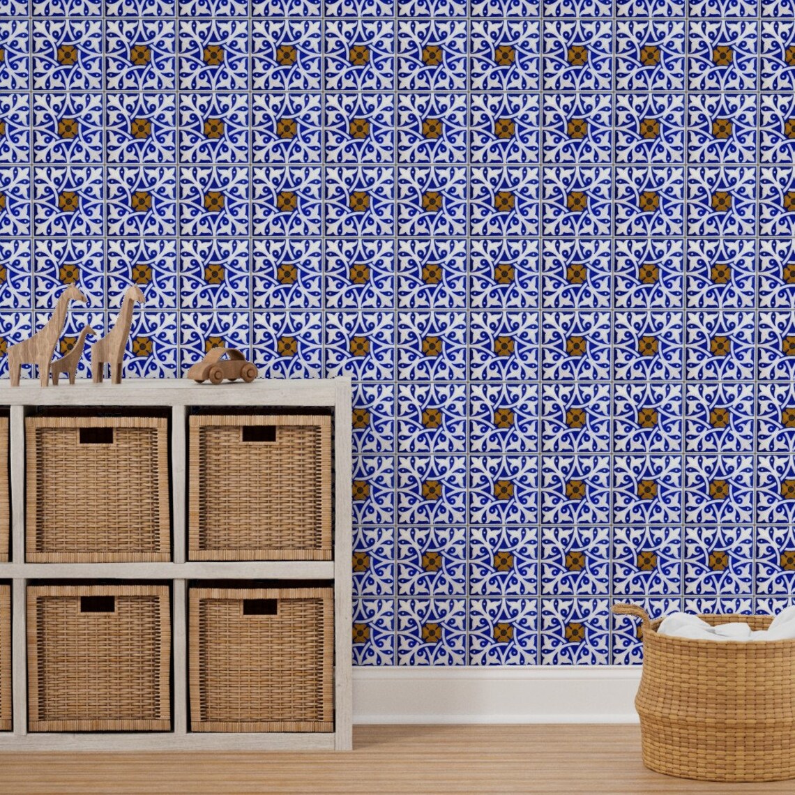 Tile Wallpaper Blue and White Tile by Peacoquettedesigns - Etsy