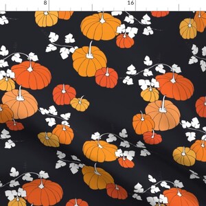 May include: A black background with a repeating pattern of orange and yellow pumpkins with white leaves. The pumpkins are various sizes and shapes.