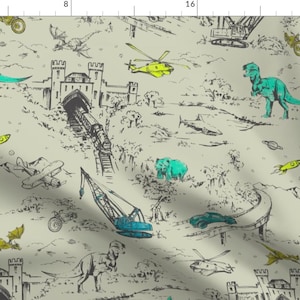 May include: A repeating pattern fabric design with illustrations of dinosaurs, castles, aeroplanes, helicopters, and other vehicles. The illustrations are in black and white with teal and yellow accents. The background is a light beige colour.