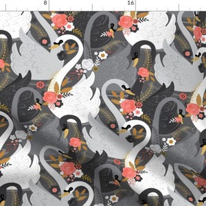 Floral Black And White Swans Fabric - Elegant Swans By Michaelzindell - Swans Illustration Cotton Fabric By The Yard With Spoonflower