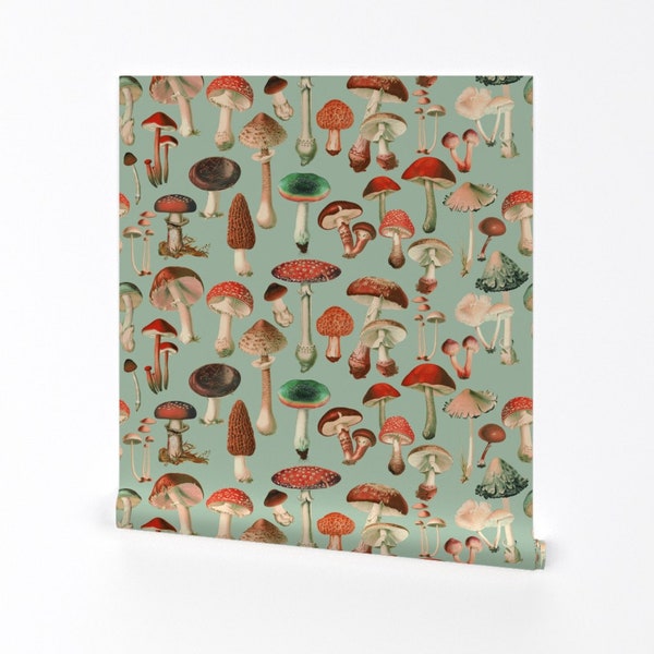 Mushroom Wallpaper - Mushies By Thistleandfox - Forest Woodland Green Red Fungi Shroom Removable Self Adhesive Wallpaper Roll by Spoonflower