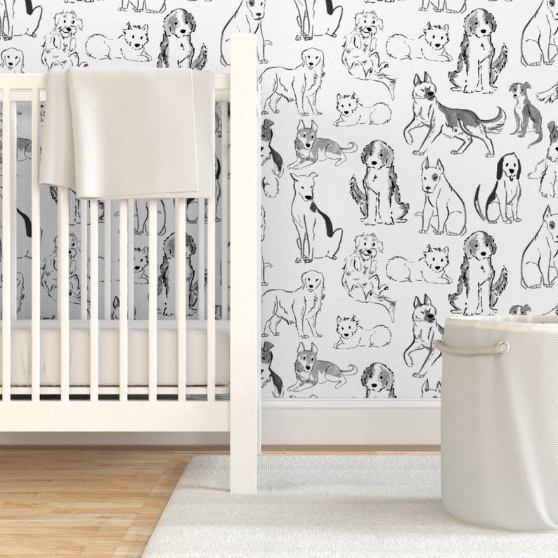 Dog Print Wallpaper Black and White Dogs by Carolinedoodles Etsy