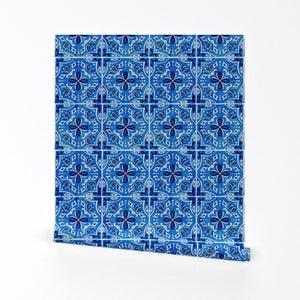 Spanish Tile Wallpaper - Sevilla Spanish Tiles Blue By Heatherdutton - Custom Printed Removable Self Adhesive Wallpaper Roll by Spoonflower