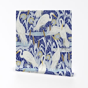 Art Deco Kraniche Abnehmbare Tapete zum Abziehen und Aufkleben - Reiher Kobalt Blau Weiß Wildtiere - Wandkunst Wanddekor - Ranes mit Blau by illaberek