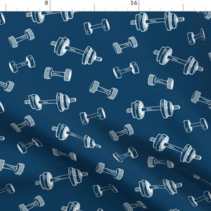 Fitness Fabric - Hand Weights Fitness Blue By Revista - Fitness Weight Lifting Blue White Cotton Fabric By The Yard With Spoonflower