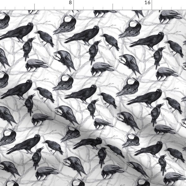 Crows Fabric - Crows By Atlanticmoira - Crows Ravens Birds Animals Feathers Nature Black White Cotton Fabric By The Yard With Spoonflower