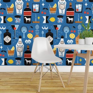 Retro Peel and Stick Wallpaper - Cocktails Bartending Novelty Mcm Spirits Olives - Removable Wall Decor Art - Mixology In Blue by ruby_ritz