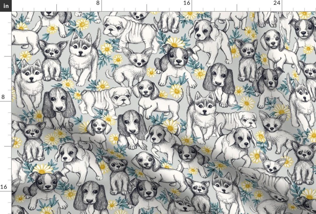 Dogs Illustration Yellow Floral Pattern Fabric - Dogs and Daisies on ...