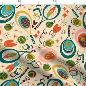 May include: A retro-style fabric design featuring a repeating pattern of tennis rackets, tennis balls, and abstract shapes in shades of teal, pink, orange, yellow, and brown on a cream background.