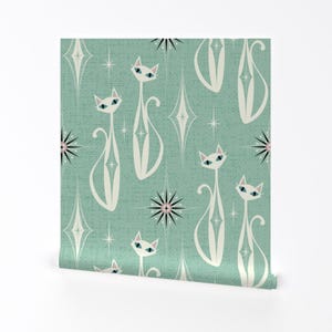 Mid Century Modern Removable Peel and Stick Wallpaper - Mint Green Atomic Era  - Wall Art Wall Decor - Starburst Diamond Cats by studioxtine