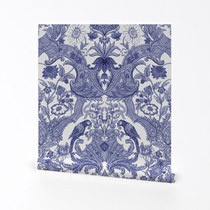 Damask Wallpaper - Parrot Damask ~ Blue White By Peacoquettedesigns - Custom Printed Removable Self Adhesive Wallpaper Roll by Spoonflower