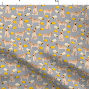 May include: A seamless pattern featuring a light brown Labrador Retriever dog and yellow and white burritos on a light gray background.