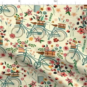 Bicycles And Flowers Fabric -Ride To The Flower Market By Sarah Treu- Bicycle Bikes Floral Spring Cotton Fabric By The Yard With Spoonflower