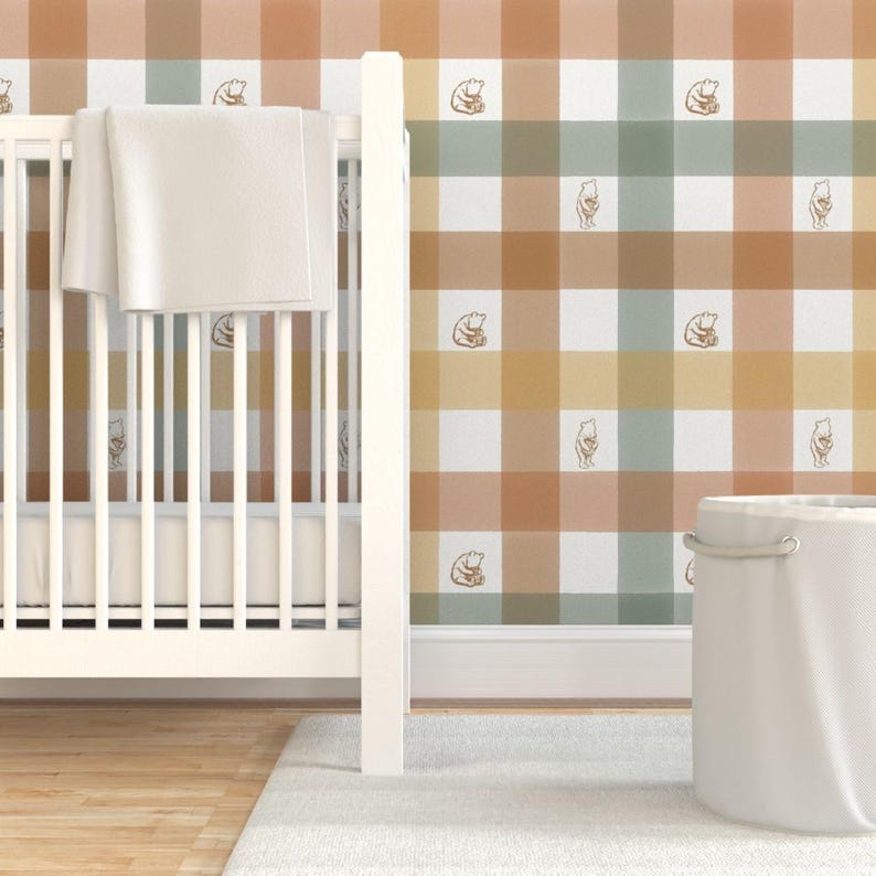 Pooh Gingham Peel and Stick Wallpaper - Vintage Gingham Warm Neutral - Removable Wall Decor Art - Winnie-the-pooh by at_the_cottage image 6