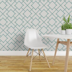 Bamboo Peel and Stick Wallpaper - Trellis Chinoiserie Blue Aqua - Removable Wall Decor Art - Osaka Bamboo Trellis by willowlanetextiles