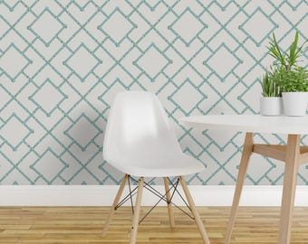 Bamboo Peel and Stick Wallpaper - Trellis Chinoiserie Blue Aqua - Removable Wall Decor Art - Osaka Bamboo Trellis by willowlanetextiles