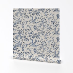 Blue Floral Toile Removable Peel and Stick Wallpaper - Toile Chinoiserie - Wall Art Wall Decor - Hummingbird Toile  by bridgettstahlman