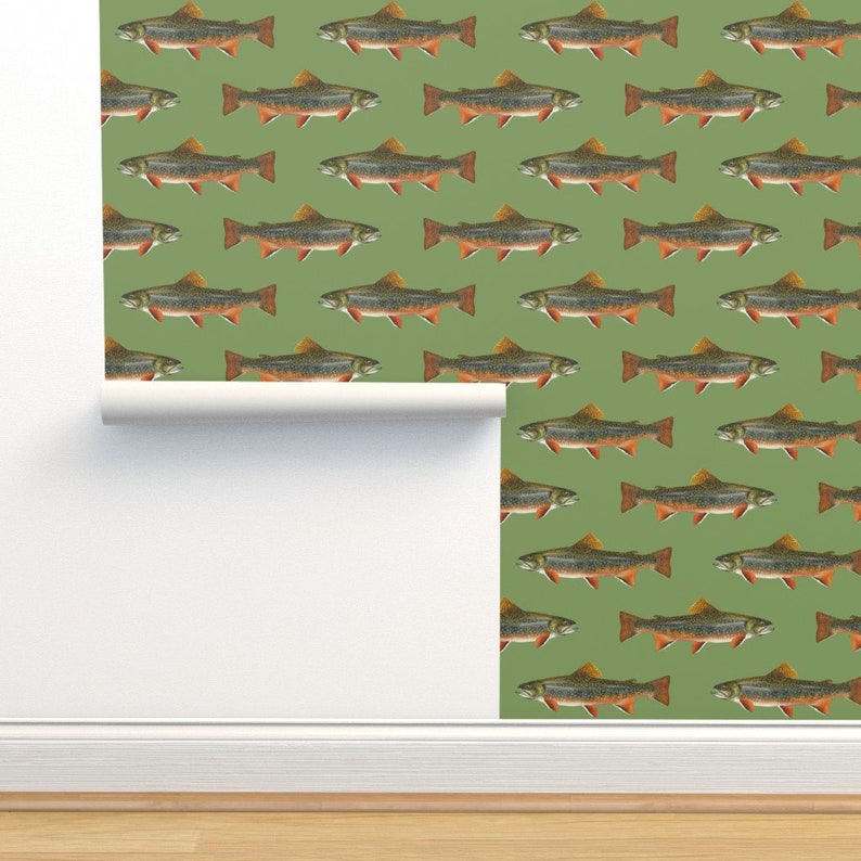 Fish Wallpaper Brook Trout by Weavingmajor Vintage Green - Etsy