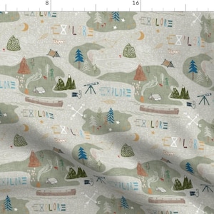 Mountain Scenery Map Nature Fabric - Explore (Sage) Med By Nouveau Bohemian - Mountain Scene Cotton Fabric By The Yard With Spoonflower
