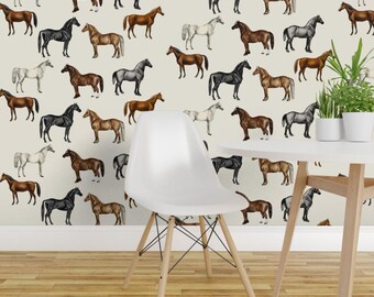 Equestrian Peel and Stick Wallpaper - Stallion Horse Lovers Vintage Drawings - Removable Wall Decor Art - Vintage Horses by thistleandfox