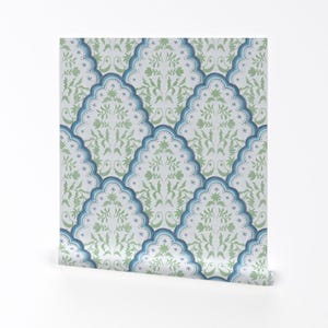 Jakobsmuschel botanische Abnehmbare Tapete zum Abziehen und Aufkleben - India Paisley - Wall Art Wanddekor - Blaue und grüne Jakobsmuschel by danika_herrick