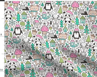 Holiday Animal Fabric - Christmas Animals Doodle Panda Deer Bear Penguin Trees By Caja Design - Cotton Fabric by the Yard with Spoonflower