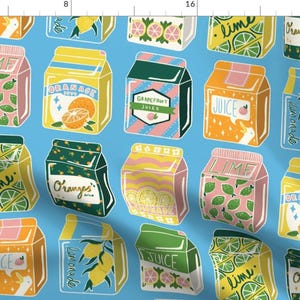 Pop Art Milk Carton Blue Fabric - Citrus Juice Box By Monicarose - Pop Art Blue Milk Carton Drink Cotton Fabric By The Yard With Spoonflower