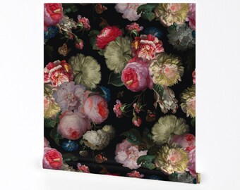 Moody Wallpaper - Flemish Night Roses by utart -  Floral Roses Rococo Gothic Moody Floral Removable Peel and Stick Wallpaper by Spoonflower