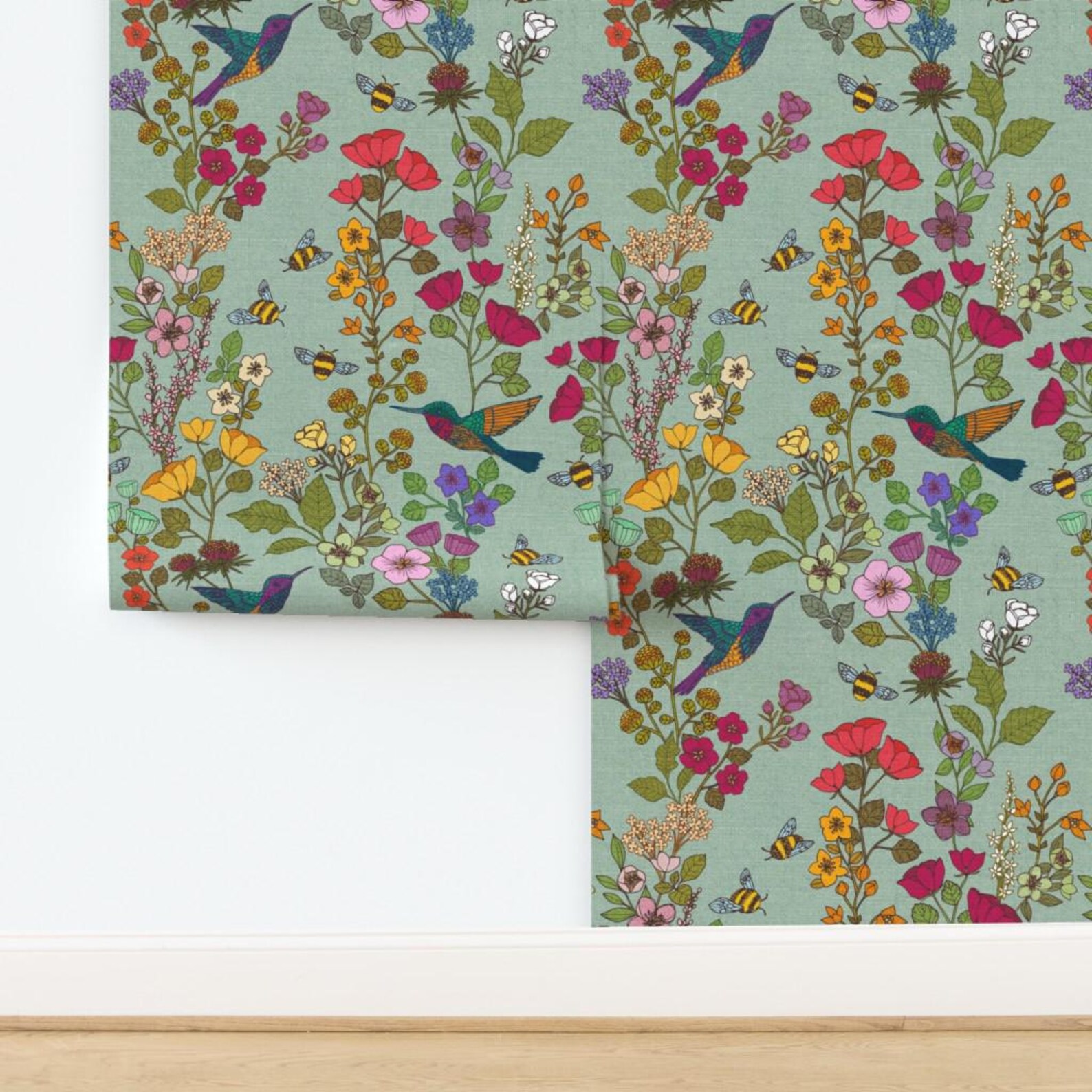 Pollinators Wallpaper - Hummingbirds and Bees by Ceciliamok -mint Blue ...