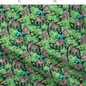 May include: A seamless pattern featuring gray gorillas and green tropical leaves on a dark green background. The gorillas are depicted in a variety of poses, some standing, some sitting, and some walking. The leaves are large and lush, with a variety of shapes and sizes.