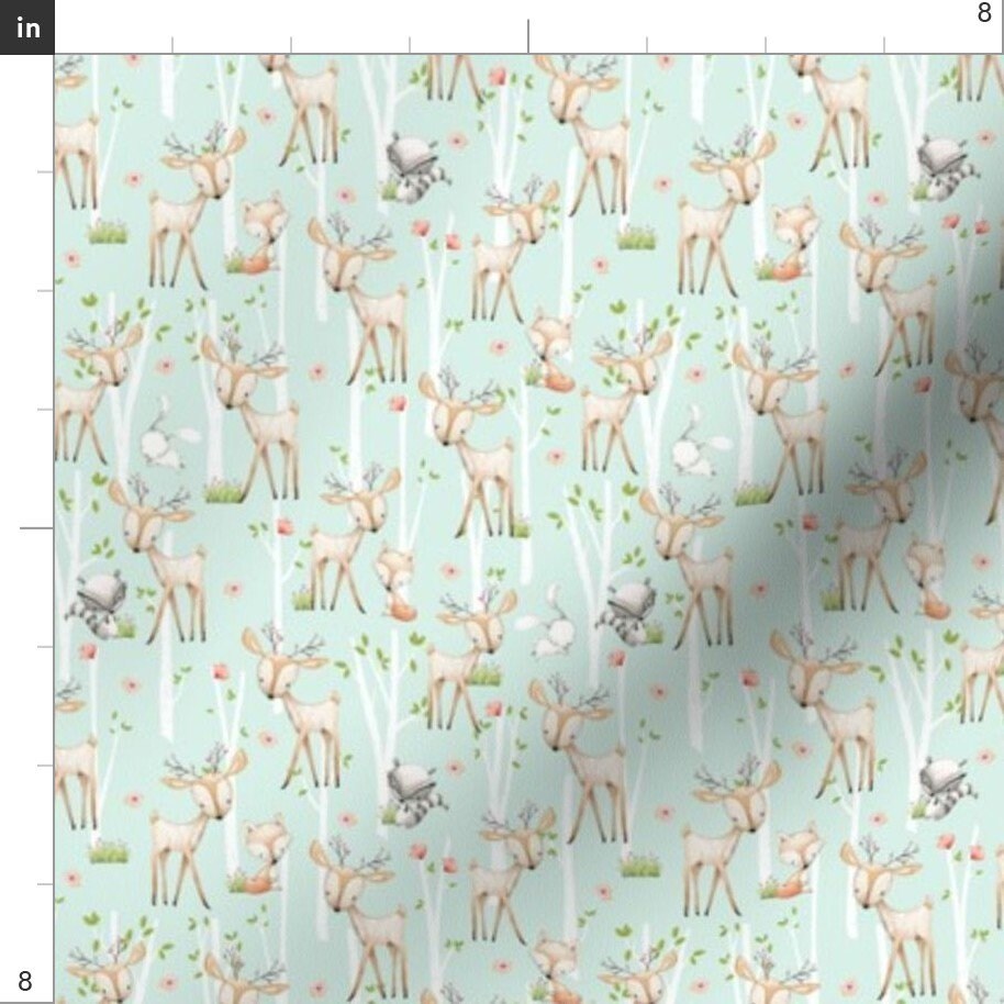 Tiny Woodland Animals Fabric Deer Fox Raccoon Birch Trees Etsy